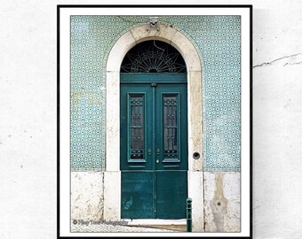 Portugal Photography Print, Lisbon Door Picture, Small Vertical Wall Art, Teal Green Decor, Bedroom Art, Bathroom Wall Decor Door Photograph