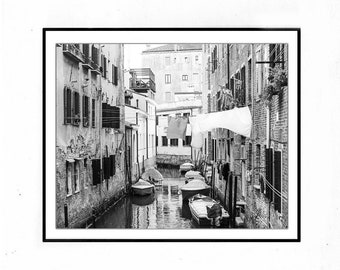 Venice Canal Laundry Room Print: Black and White Italy Wall Art
