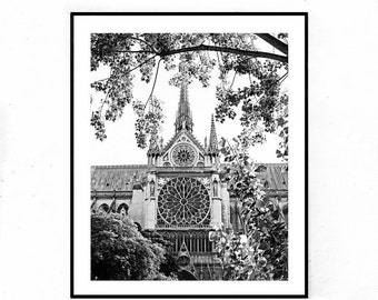 Paris Print, Notre Dame Cathedral, Black and White Photography, Vertical Wall Art Print, Paris Bedroom Decor, Travel Picture, French Decor