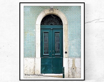 Lisbon Door Photography Print: Teal Green Wall Art, Portugal Tile Photo