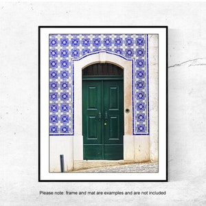 Dark Green Door Print, Lisbon Photography, Vertical Wall Art, Portugal Tile Art, European Door Photo, Bathroom Wall Art, Blue Wall Decor,