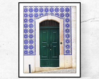 Lisbon Photo Print: Blue Portuguese Tile, Green Door, Vertical Wall Art Decor, Photography