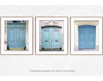 Paris Print Set of 3 French Door Pictures, Paris Door Photography, Vertical Wall Art, Blue Wall Decor, Door Prints, Entryway Art