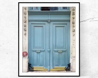 Blue Door in Paris Print, Vertical Wall Art, Teal Door Photography, Bathroom Wall Decor, Europe Door Picture, Entryway Art, Photograph,