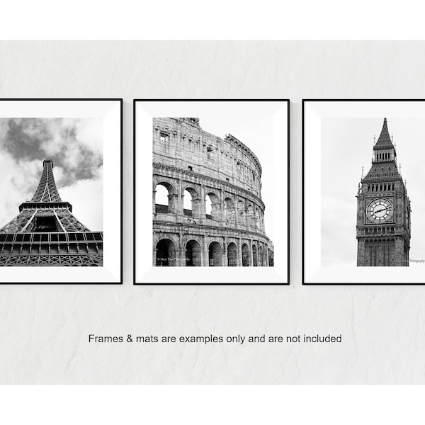 Set of 3 Europe Photography Prints, Vertical Wall Art, Travel Gift Set, Paris Picture, Rome Italy Art, London Big Ben, Black & White Photos