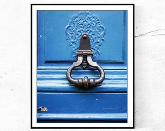 Paris Door Photography, Vertical Wall Art, Blue Door Picture, Indigo Bathroom Wall Decor, Entryway Art, French Decor, Doorknocker Photo,