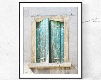 Italy Wall Art, Photography Print, Bathroom Wall Art, Teal Wall Decor, Small Vertical Print, Bedroom Art, Shutters Picture, Foyer Decor