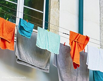 Laundry Room Art, Laundry Wall Decor, Portugal Photography, Photo Print, Bathroom Wall Art, Teal Orange, Laundry Picture Clothesline Artwork