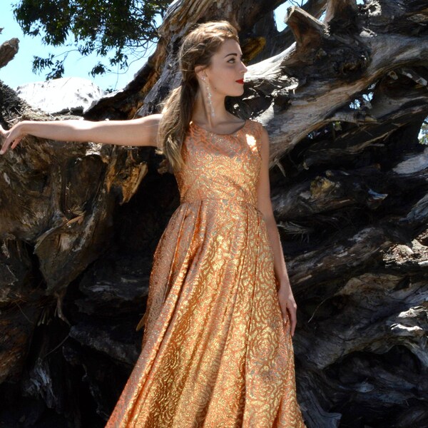 Vintage 50s 60s Gold Orange Brocade Party Dress Ball Gown Evening Opera Lurex Tinsel Sparkly Glitter Rose Holiday New Years NYE Small Medium