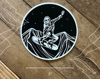 Grim Ripper Skeleton Snowboard Sticker – Ski Helmet Decal – Snowboarder Gift – Skiing & Snowboarding Vinyl Sticker