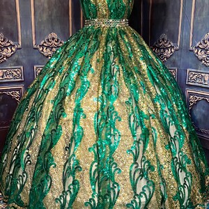 Gold and Green sequined lace fabric. Wedding Glitter and sparkly lace. BTY