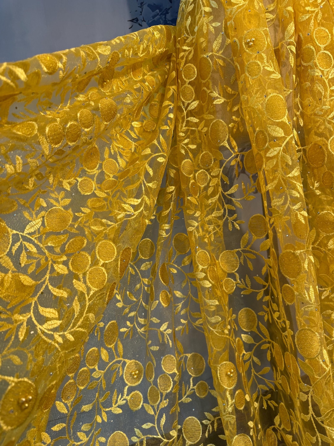 Yellow Ruffle Pattern Lace Embroidered Yellow Beaded Lace With Sequins. Feathers Design. - Etsy