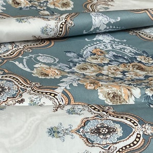 Victorian bouquet cotton fabric. Vintage Shabby chic floral cotton.Teal color with roses.