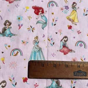 Disney princesses cotton fabric. Snow White, Mulan, Repunzel, Cinderella, Jasmine, Ariel cotton by yard