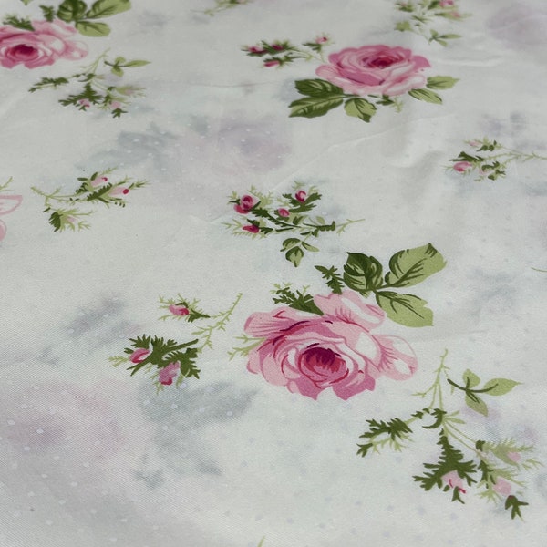 Victorian Romantic Roses.Vintage French ivory cotton with roses. 64” wide! Soft, Great quality!