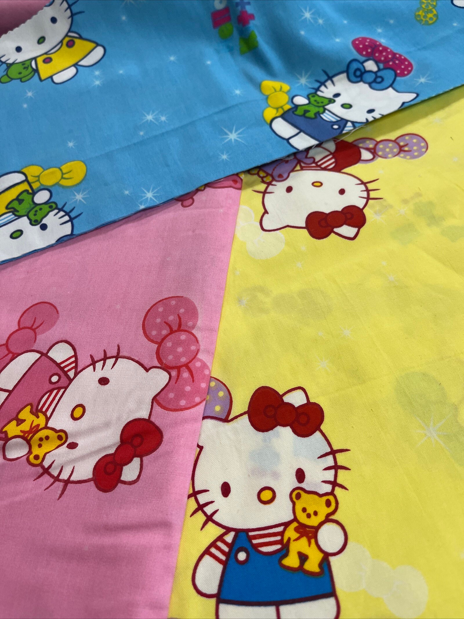 Hello Kitty Cotton Fabric. Cute kids cartoon fabric. Blue pink and yellow Color Kitty fabric by yard. Kitty Teddy Bear Cotton 63” wide!