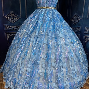 Light Blue sparkly floral sequined lace. Glitter Holographic wedding, prom dress fabric. Beaded w pearls. Last piece 53”x 29”