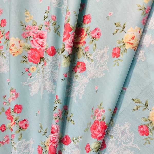 Victorian Romantic floral cotton.Blue cotton with shabby chic vintage roses 63"wide! Great quality!