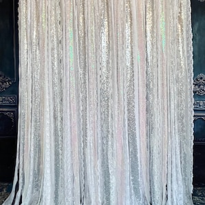 Shabby Chic Curlain Wedding photo prop Garland, backdrop, vintage curtain. Wedding White, Silver, icy holographic lace backdrop .