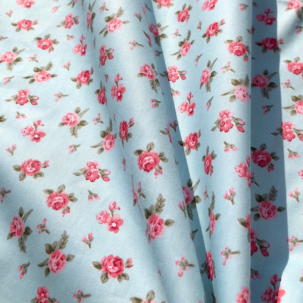 Vintage Victorian small roses cotton. Tossed cute roses shabby chic cotton .Blue/ Cream color . 63” wide! Soft, Great quality!