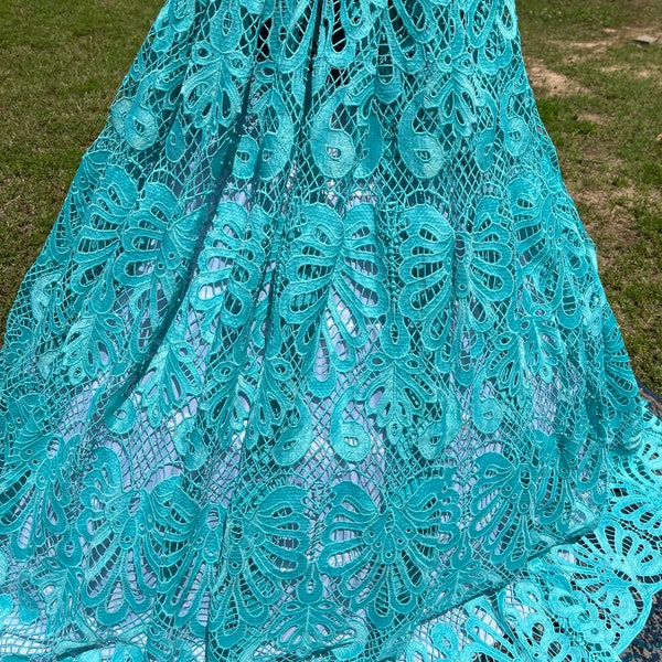 Embroidered teal turquoise blue crochet cotton wedding lace, scalloped edges, rhinestones. BTY