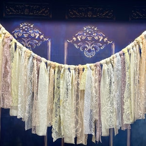 Vintage Simple Shabby Chic Roses Cotton, Burlap and Lace wedding Garland. Farmhouse rustic vintage curtain backdrop.