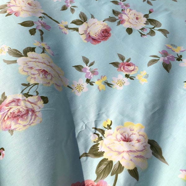 Light Blue cotton with Cottage chic roses. Victorian romantic shabby chic floral cotton. Great quality!