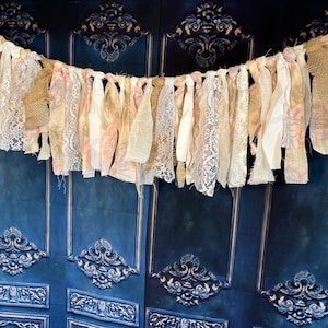 Vintage Simple Shabby Chic Roses Cotton, Burlap and Lace Garland. Farmhouse Rustic Vintage Backdrop