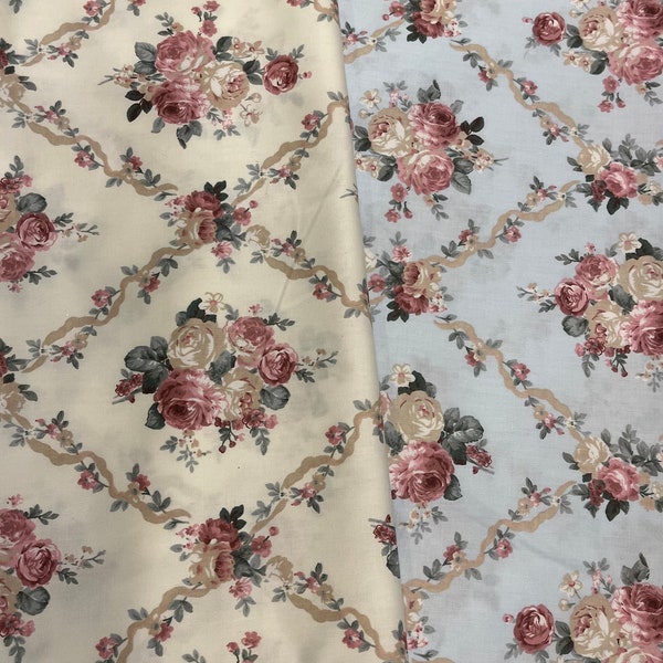 Victorian Romantic Vintage Roses cotton Fabric. Floral cotton. Shabby chic roses.  Floral quilt cotton.