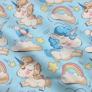 Baby Unicorn balloons, stars, clouds cotton fabric. Happy Unicorns quality kids cotton by yard. Unicorns Cotton Fabric. Unicorn quilt