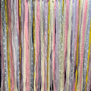 Aged Wrinkled Shabby Chic Rustic backdrop,Ribbons, cotton,  lace Cottage chic wedding Garland. Farmhouse curtain. 5Ft x 6Ft