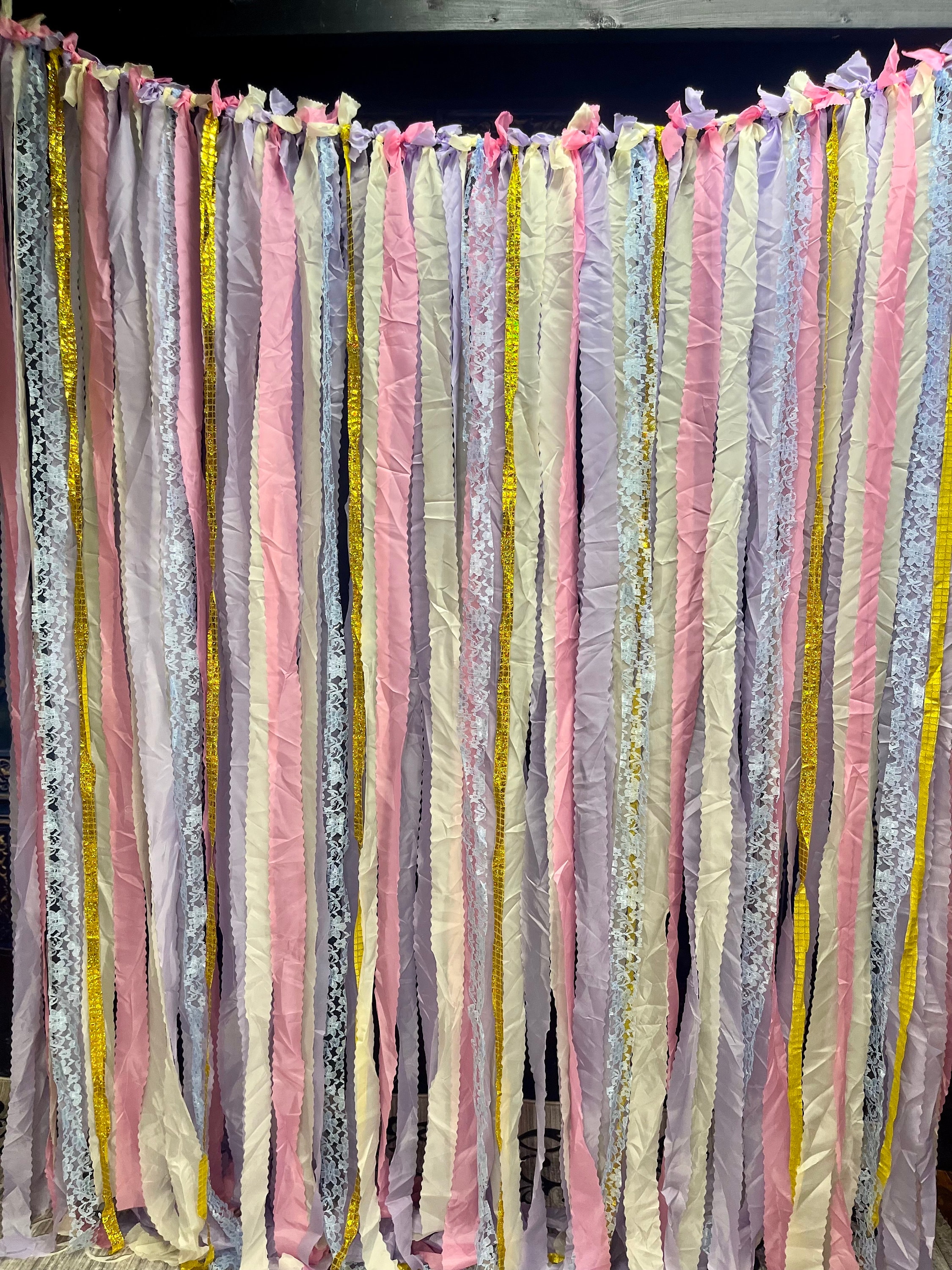 Aged Wrinkled Shabby Chic Rustic backdrop,Ribbons, cotton,  lace Cottage chic wedding Garland. Farmhouse curtain. 5Ft x 6Ft
