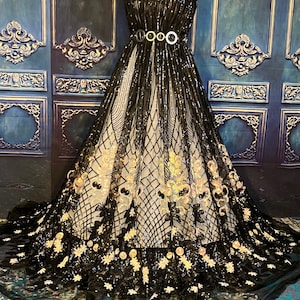 Black and gold wedding embroidery lace ,sparkly , glitter sequined lace by yard. Premium quality. BTY