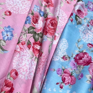 Cottage Chic Vintage Roses Cotton Fabric. Victorian Romantic Floral Cotton. Shabby chic quilt cotton. Delicate Pink & Blue Floral Cotton