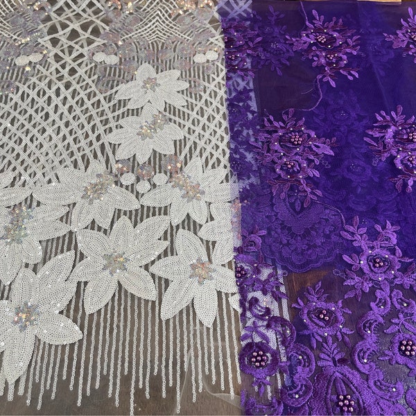2 big pieces of Sparkly lace. Unique design,Purplle and White Floral Sequins lace fabric.
