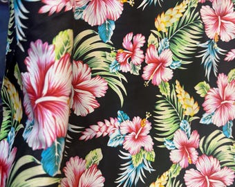 Blue/Black Hibiscus Floral Cotton Fabric,Apparel Sewing, Quilting cotton, Floral print , 58" Wide