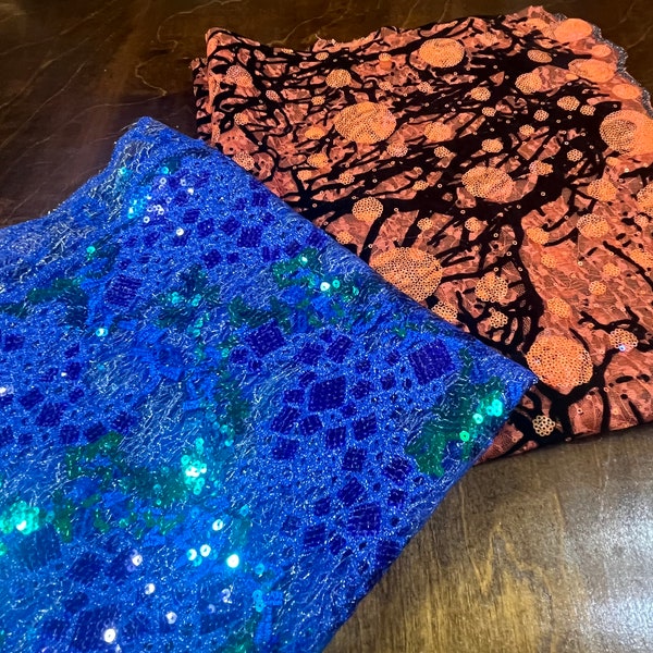 2 big pieces of Sparkly lace. Unique design, Orange/Black /blue Sequins fabric.