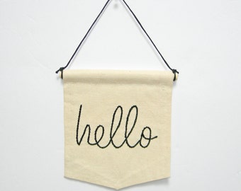 Hello banner, mini banner hanging, wall art, home decor, room decor, dorm decor, house warming gift