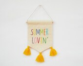 Summer Lovin, Summer Decor, Decorative Embroidered Mini Banner, Summer Wall Art, Colorful banner with Tassels, Yellow, Cottage, Apartment,