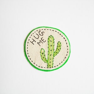 Hug Me - Custom Hand Embroidered Patch - Sew on patches - Cactus Patch or Pin  - Iron on patches  - Cactus Applique - Cactus Embroidery,