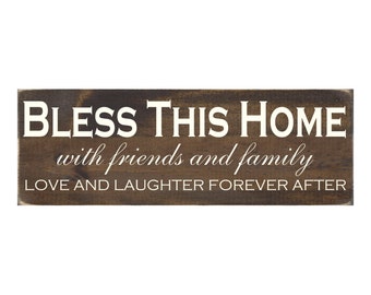Rustic Wood Sign Wall Hanging Home Decor - Bless This Home with Friends and Family Love and Laughter (#1013)