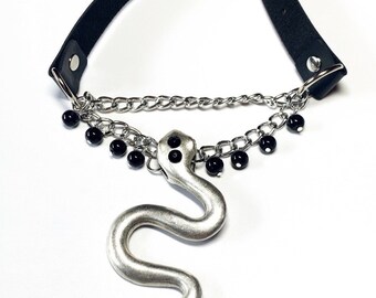 Gargantilla de serpiente de piel sintética con diamantes de imitación y cuentas de cristal, gargantilla de cadena, joyería de bondage con serpiente