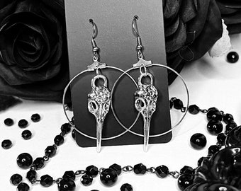 Raven Rose Earrings Romantic Goth Jewelry Gift Lovers Raven Skull Jewelry Gothic Rose Jewelry Hoop Earrings Handmade Jewelry