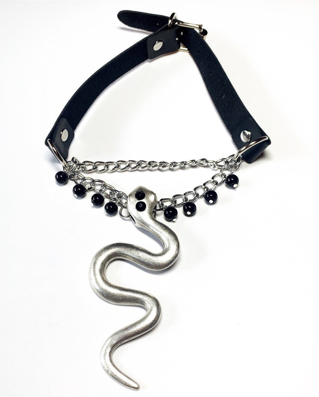 Snake Choker Faux Leather Rhinestone Glass Beads Chain Choker Serpent