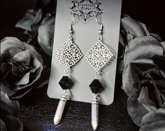 Bullet Earrings, Beaded Earrings, Metal, Bulletproof, Punk, Gothic, Gothic Earrings, Black Glass Crystal Beads, Metal Earrings, Bullets