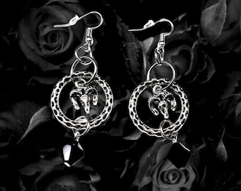 Goat Circle Earrings with Black Beads Handmade Mini Ram Head Metal Earrings Gothic Jewelry, Goth Earrings