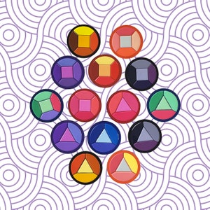 May include: A set of 12 colorful, geometric-shaped pins with a variety of colors, including red, blue, green, yellow, and purple. The pins are arranged in a circle on a white background with a pattern of overlapping circles.