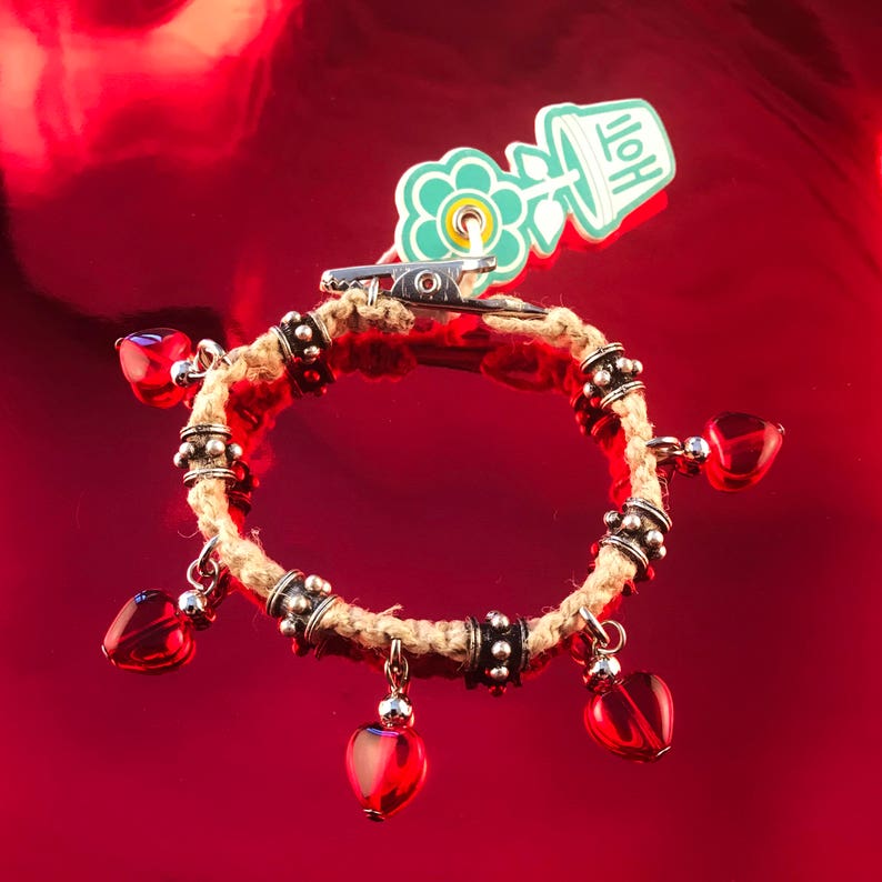 Red Glass Hearts Roach Clip Hemp Charm Bracelet I Heart Rock Natural Metal Bead HOTI Handmade Ladies Beaded Love Rocks Hand Crafted Charms
