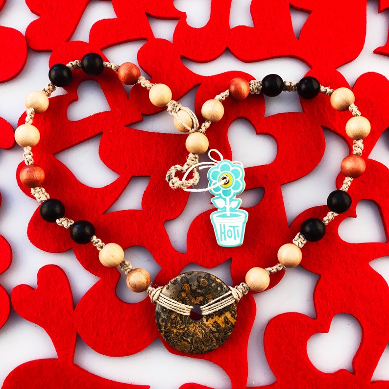 Leopardskin Jasper Natural Donut of Healing Spotted Jaguar Stone HOTI Hemp Necklace Brown Black Tan Wood Bead Gemstone Handmade Hand Crafted