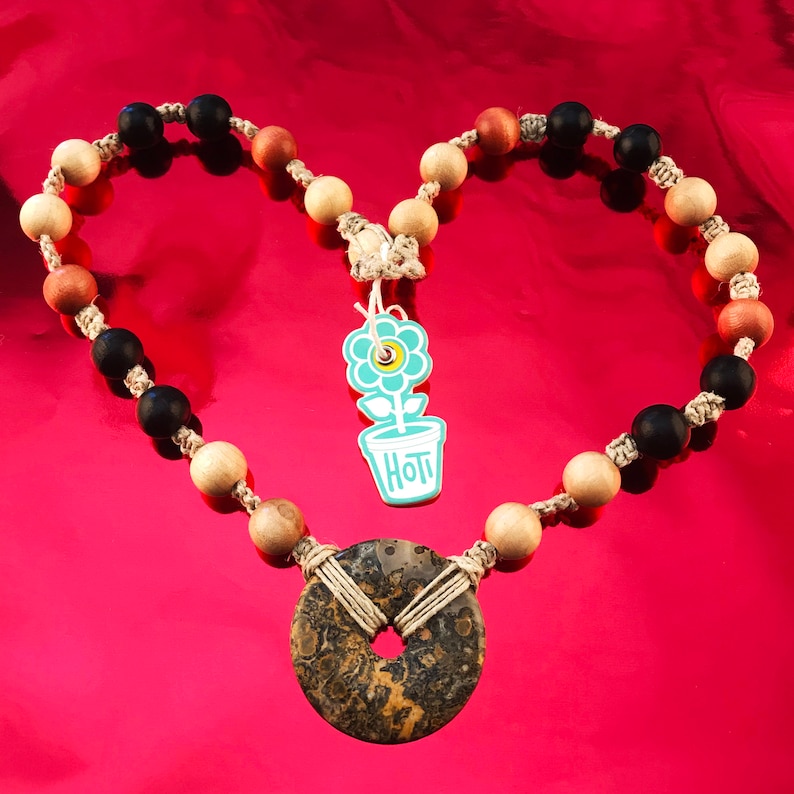 Leopardskin Jasper Natural Donut of Healing Spotted Jaguar Stone HOTI Hemp Necklace Brown Black Tan Wood Bead Gemstone Handmade Hand Crafted